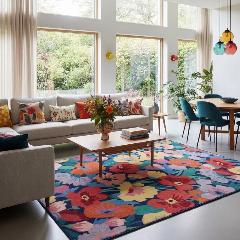 Wollteppich XXL-Blumen · Hoch-Tief 3D · 8 mm · 83 % Wolle