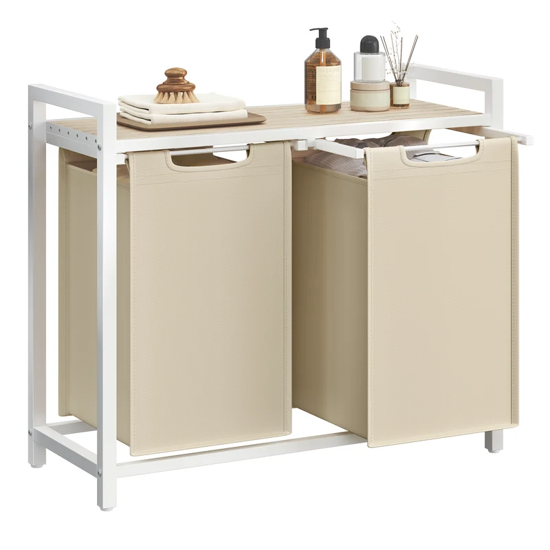 VASAGLE Laundry Hamper, Laundry Basket Sorter with 2 Pull-Out and Removable Bags, Shelf, Metal Frame, 2 x 12.1 Gallons (46 L), 28.8 x 13 x 28.4 Inches, Cappuccino Beige and Natural Beige