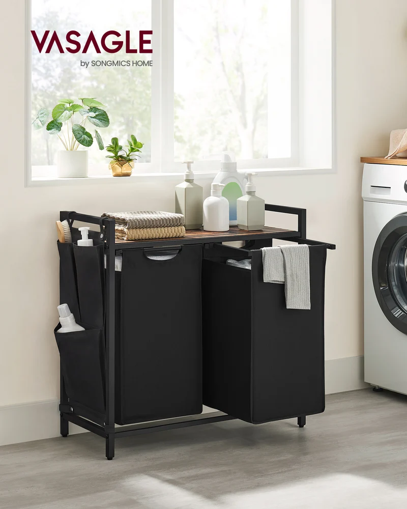 VASAGLE Laundry Hamper, Laundry Basket, Laundry Sorter with 2 Pull-Out and Removable Bags, Shelf, Metal Frame, 2 x 12.1 Gallons (46L), 28.7 x 13 x 28.3 Inches, Ink Black and Rustic Brown