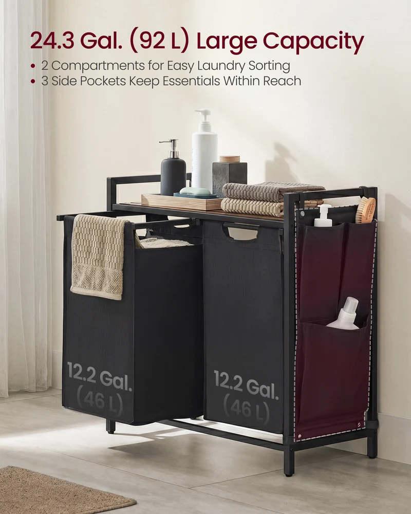 VASAGLE Laundry Hamper, Laundry Basket, Laundry Sorter with 2 Pull-Out and Removable Bags, Shelf, Metal Frame, 2 x 12.1 Gallons (46L), 28.7 x 13 x 28.3 Inches, Ink Black and Rustic Brown