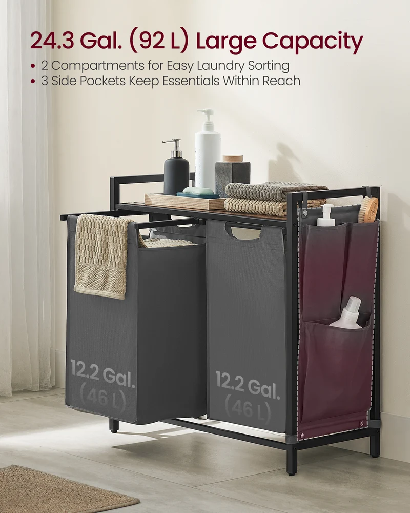 VASAGLE Laundry Hamper, Laundry Basket, Laundry Sorter with 2 Pull-Out and Removable Bags, Shelf, Metal Frame, 2 x 12.1 Gallons (46L), 28.7 x 13 x 28.3 Inches, Lead Grey and Rustic Brown