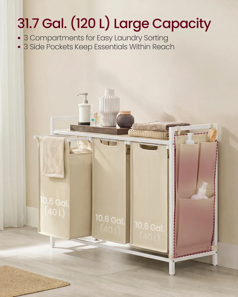 VASAGLE Laundry Hamper, Laundry Basket, Laundry Sorter with 2 Pull-Out and Removable Bags, Shelf, Metal Frame, 2 x 12.1 Gallons (46L), 36.4 x 13 x 28.3 Inches, Cappuccino Beige and Natural Beige