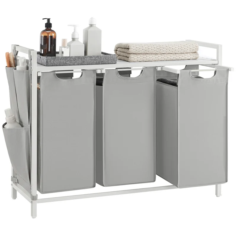 VASAGLE Laundry Hamper, Laundry Basket, Laundry Sorter with 3 Pull-Out and Removable Bags, Shelf, Metal Frame, 2 x 12.1 Gallons (46L), 36.4 x 13 x 28.3 Inches, Dove Gray and Cloud White