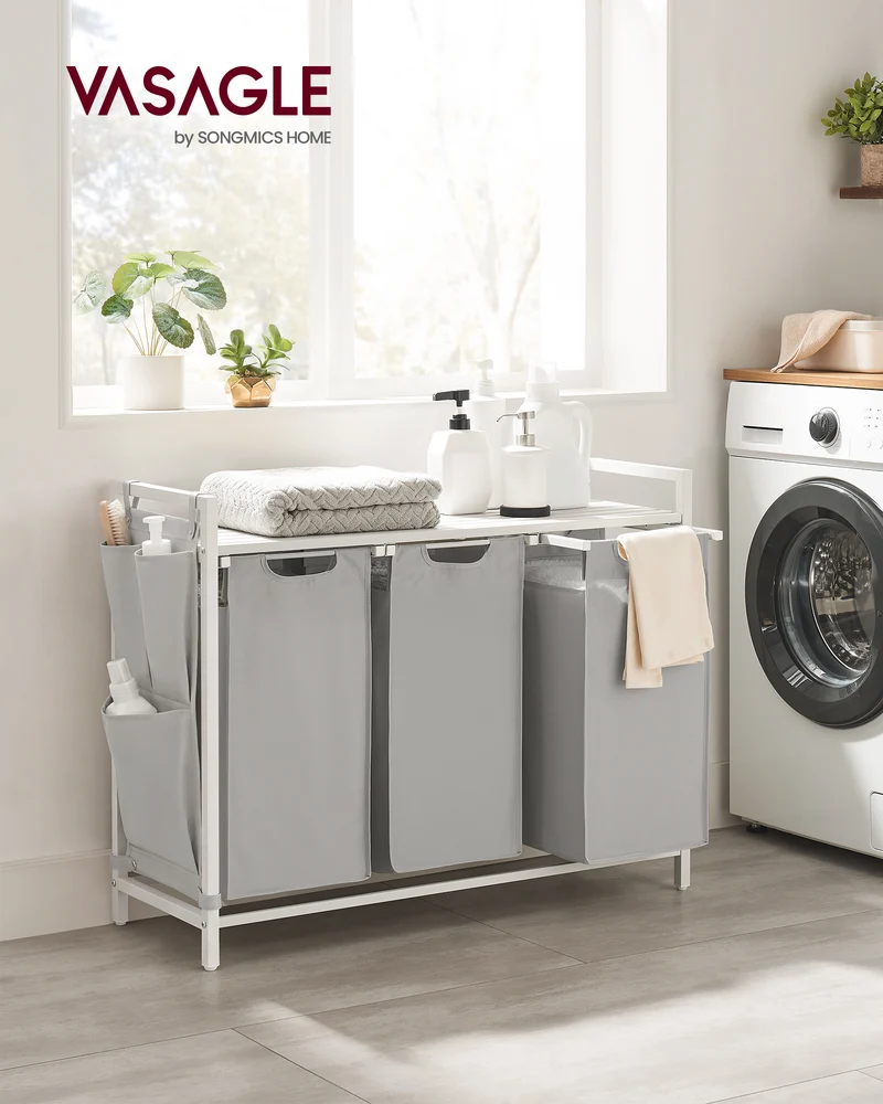 VASAGLE Laundry Hamper, Laundry Basket, Laundry Sorter with 3 Pull-Out and Removable Bags, Shelf, Metal Frame, 2 x 12.1 Gallons (46L), 36.4 x 13 x 28.3 Inches, Dove Gray and Cloud White