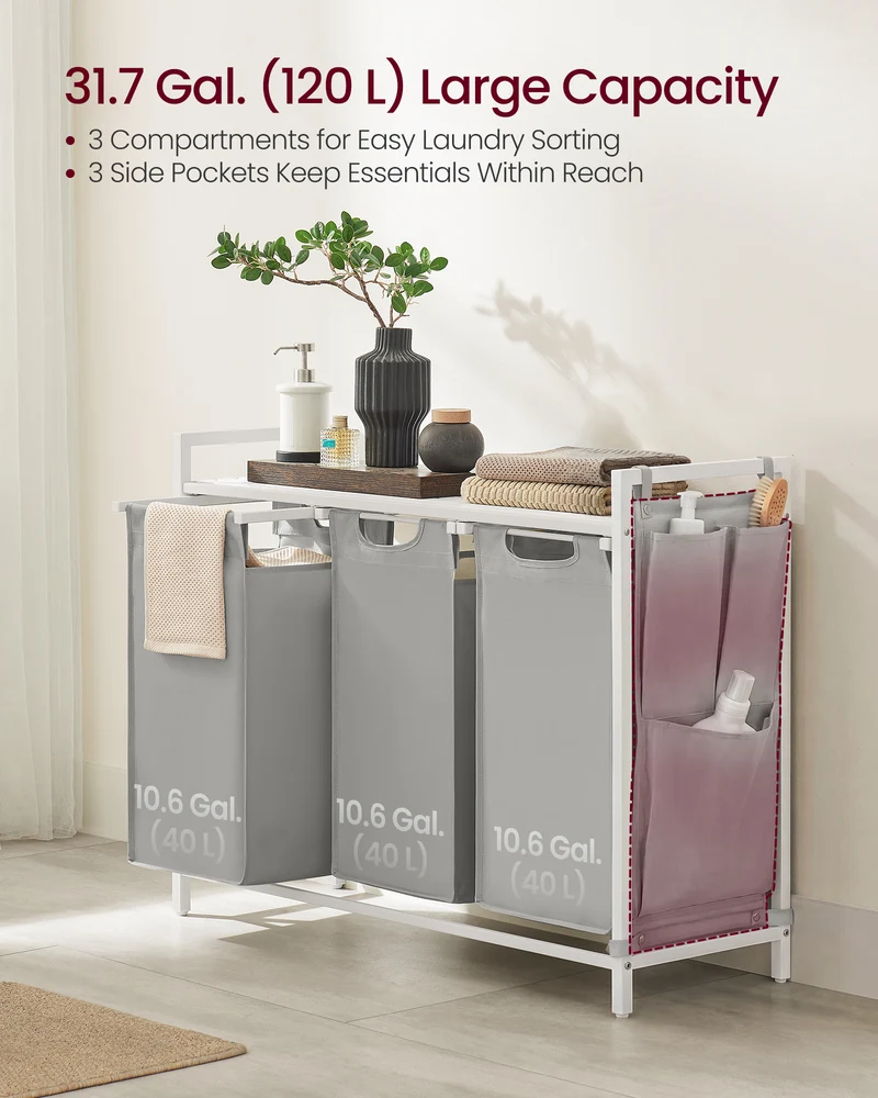 VASAGLE Laundry Hamper, Laundry Basket, Laundry Sorter with 3 Pull-Out and Removable Bags, Shelf, Metal Frame, 2 x 12.1 Gallons (46L), 36.4 x 13 x 28.3 Inches, Dove Gray and Cloud White