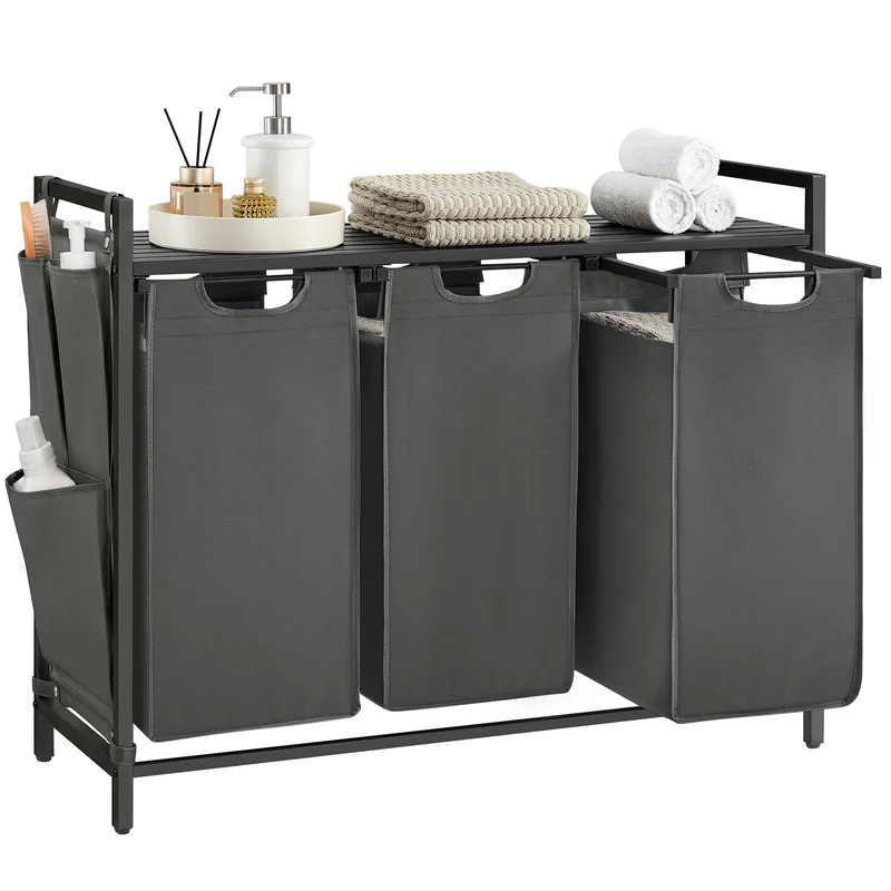 VASAGLE Laundry Hamper, Laundry Basket, Laundry Sorter with 3 Pull-Out and Removable Bags, Shelf, Metal Frame, 3 x 12.1 Gallons (46L), 36.4 x 13 x 28.3 Inches, Slate Gray and Charcoal Gray