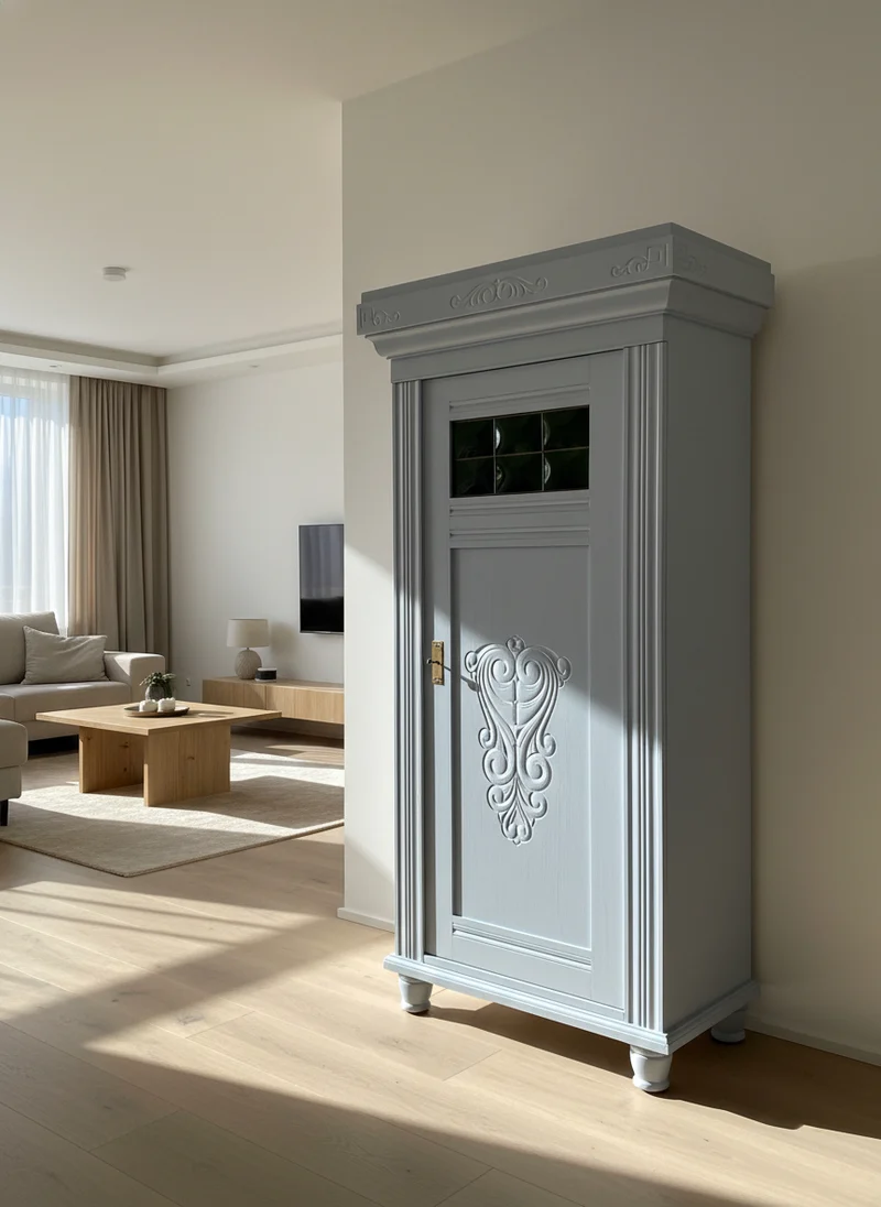 Antiker Schrank Jugendstil mit grünen Fenstern Shabby Chic