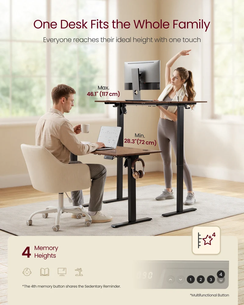 VASAGLE Electric Standing Desk, Height Adjustable Desk, Sedentary Reminder, 4 Memory Heights, for Home Office, 47.2 x 23.6 Inches, Rustic Brown
