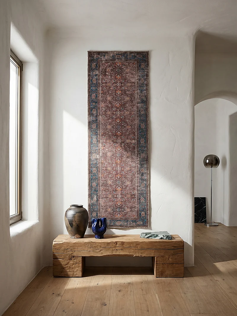Waschbarer Flachgewebe-Teppich · Vintage-Blüten Rot