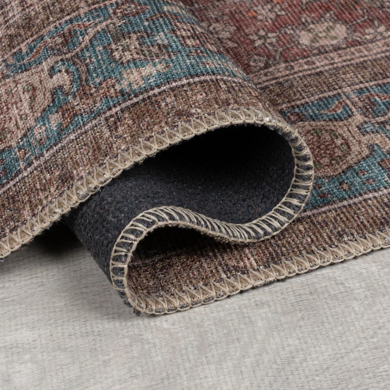 Waschbarer Flachgewebe-Teppich · Vintage-Blüten Rot