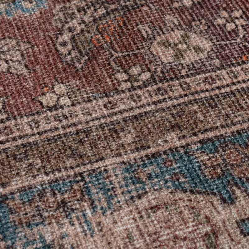 Waschbarer Flachgewebe-Teppich · Vintage-Blüten Rot