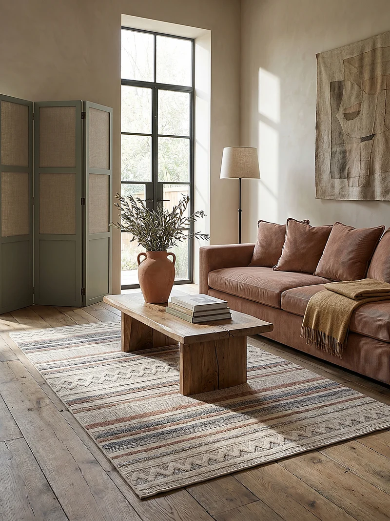 Flachgewebe-Teppich Boho-Streifen · waschbar · Grau-Beige