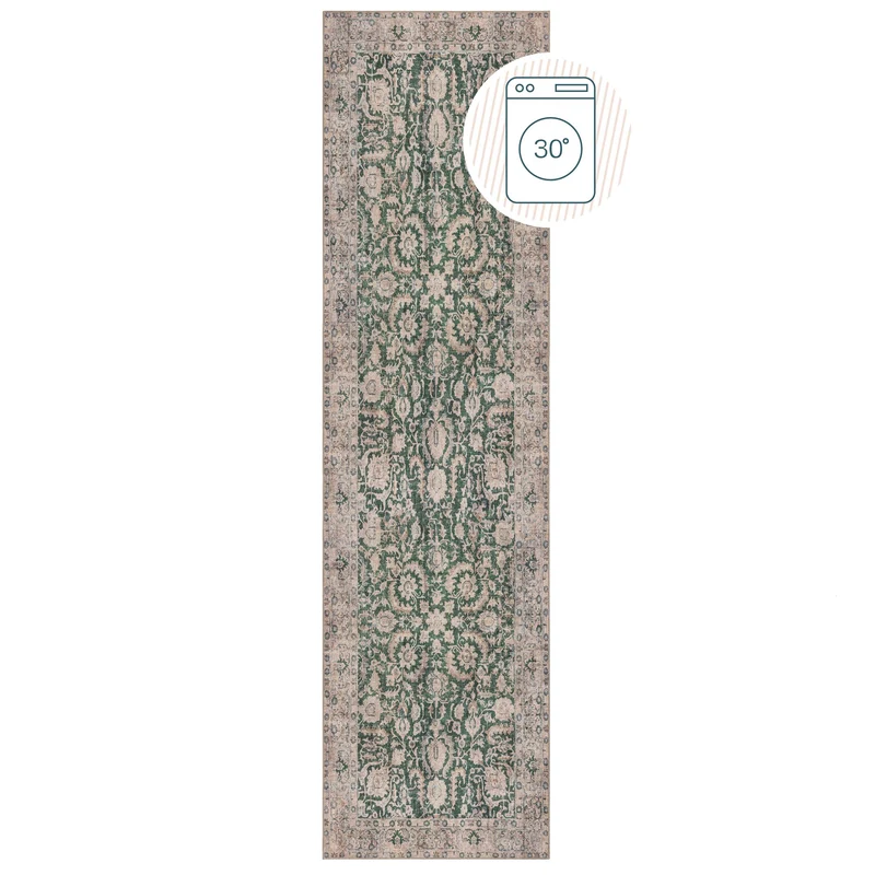 Waschbarer Flachgewebe-Teppich · Vintage-Blüten Grün