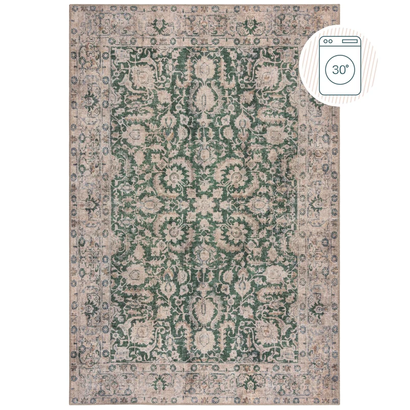 Waschbarer Flachgewebe-Teppich · Vintage-Blüten Grün
