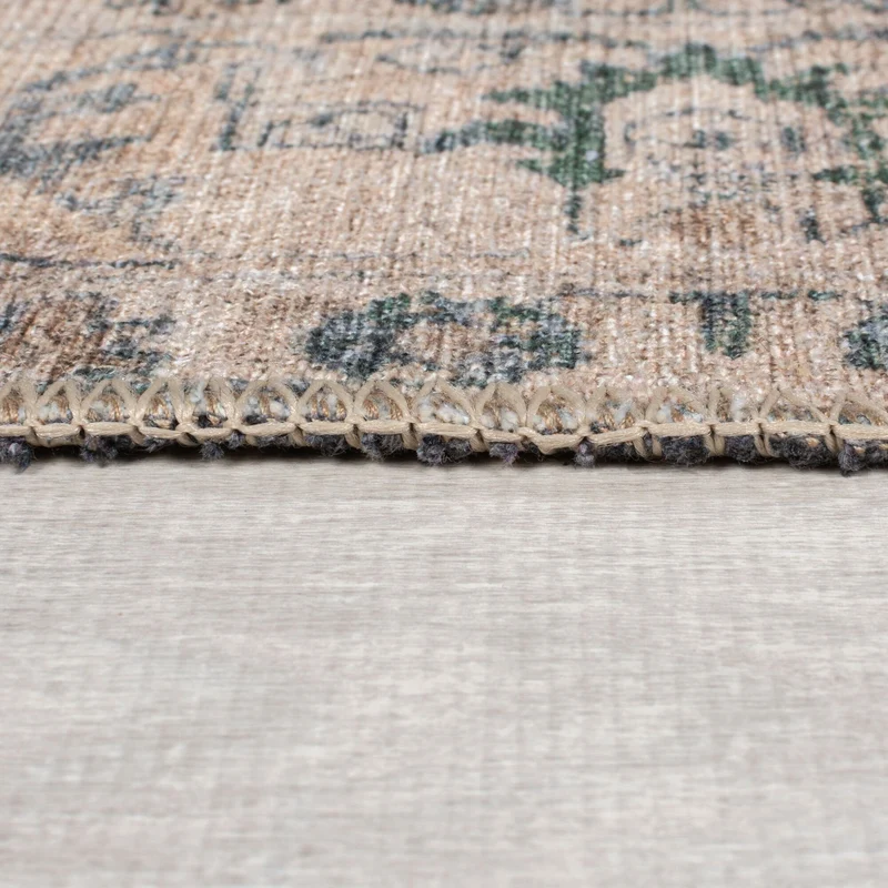 Waschbarer Flachgewebe-Teppich · Vintage-Blüten Grün