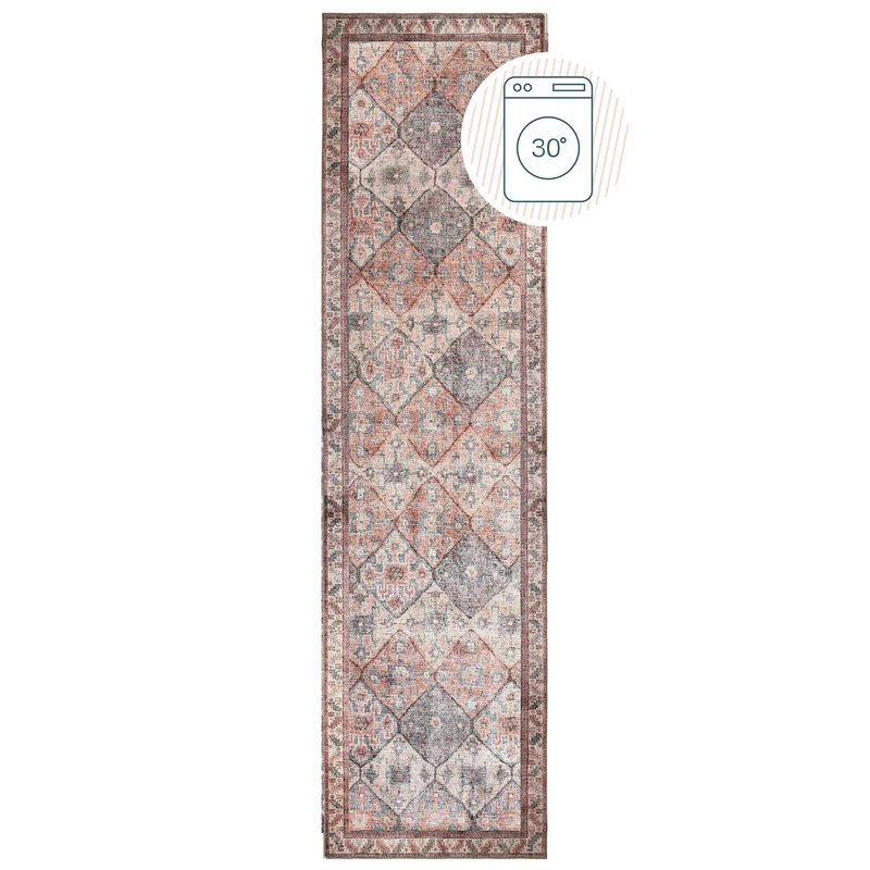 Waschbarer Flachgewebe-Teppich · Vintage-Rauten Rot-Natur