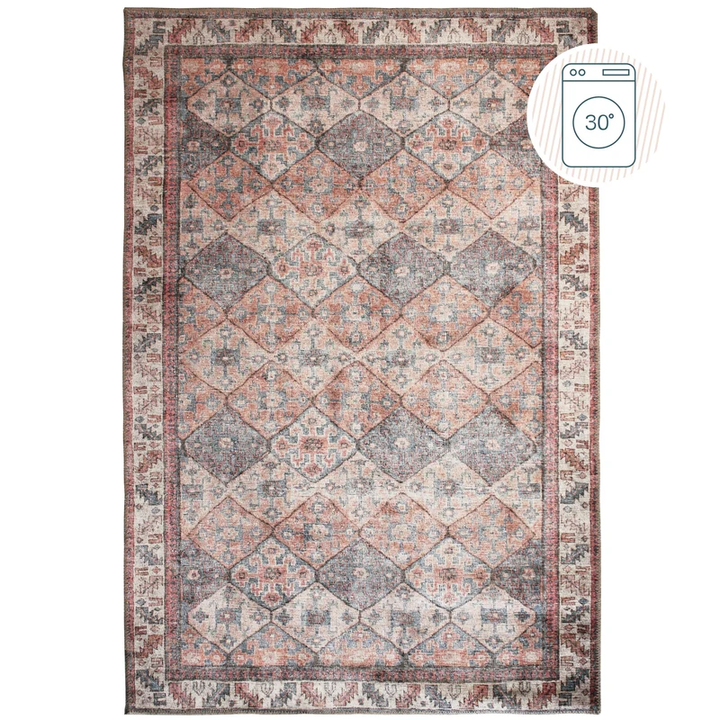 Waschbarer Flachgewebe-Teppich · Vintage-Rauten Rot-Natur