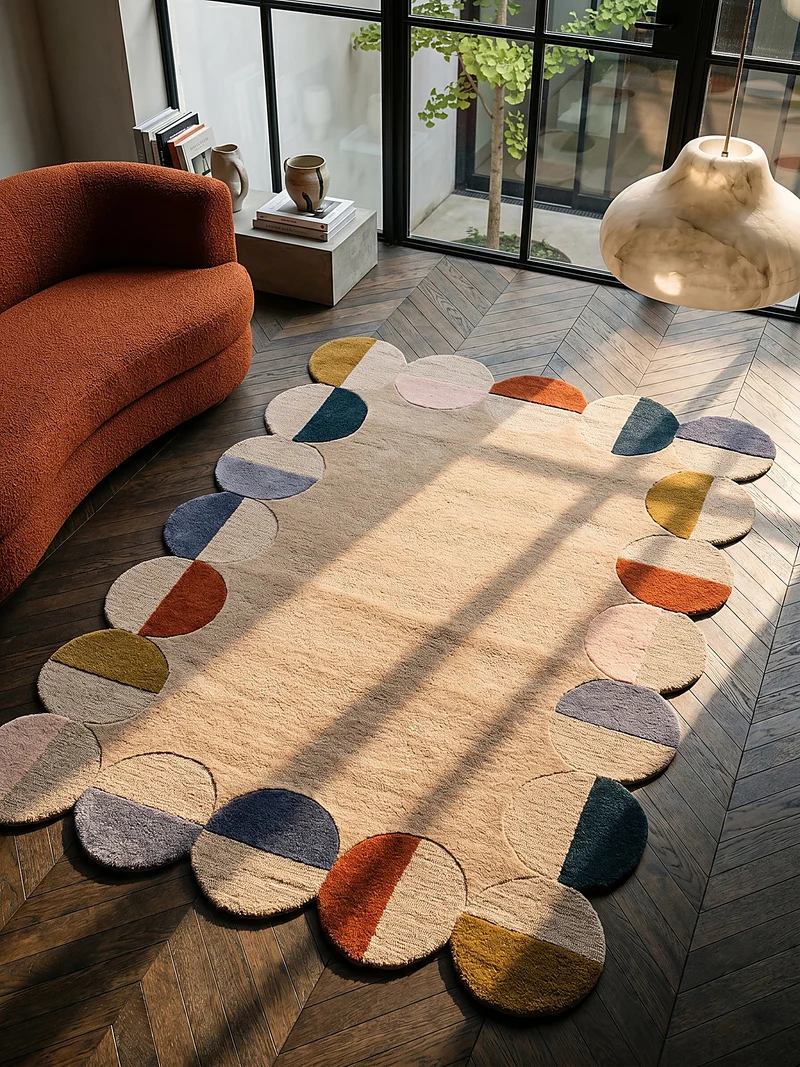Wollteppich mit Rahmenmotiv · Wellenkante · 12 mm Flor