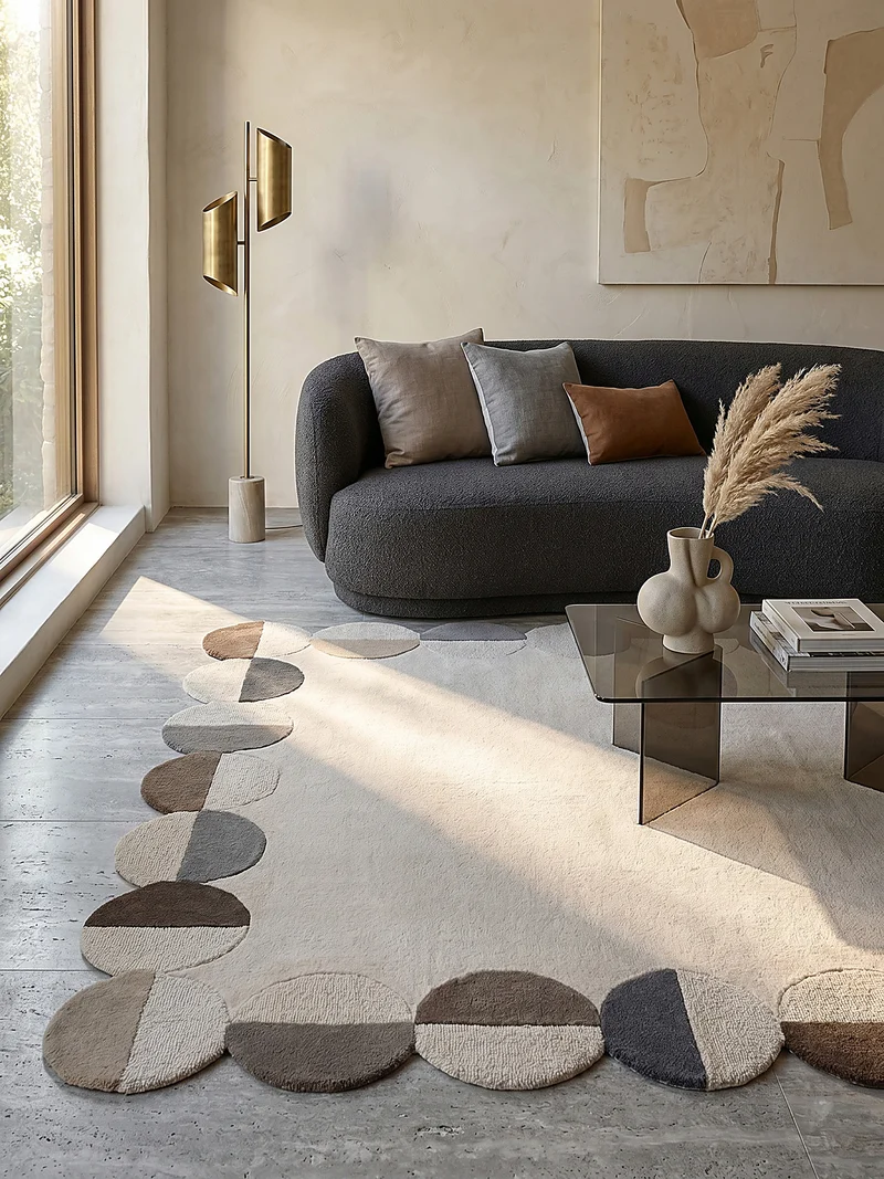 Wollteppich mit Rahmenmotiv · Wellenkante · 12 mm Flor