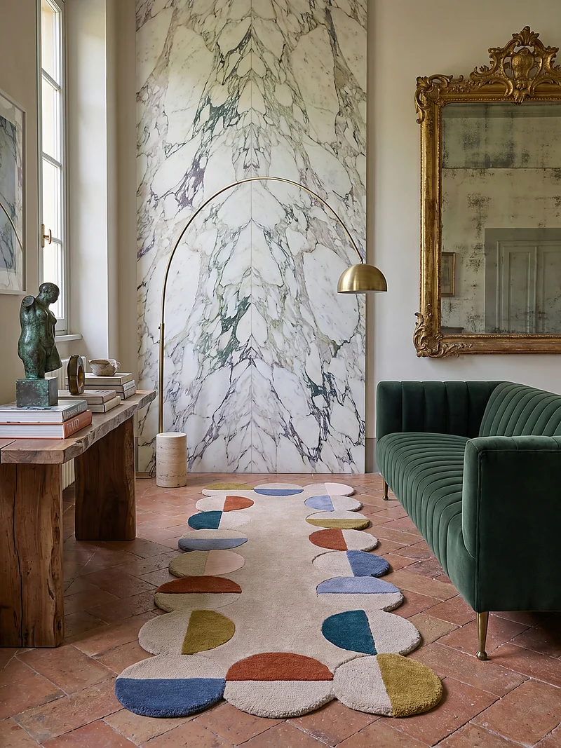 Wollteppich mit Rahmenmotiv · Wellenkante · 12 mm Flor