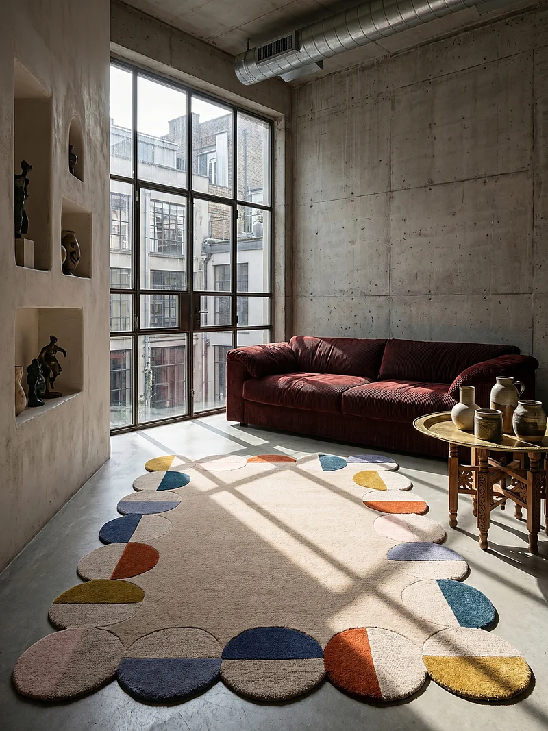 Wollteppich mit Rahmenmotiv · Wellenkante · 12 mm Flor