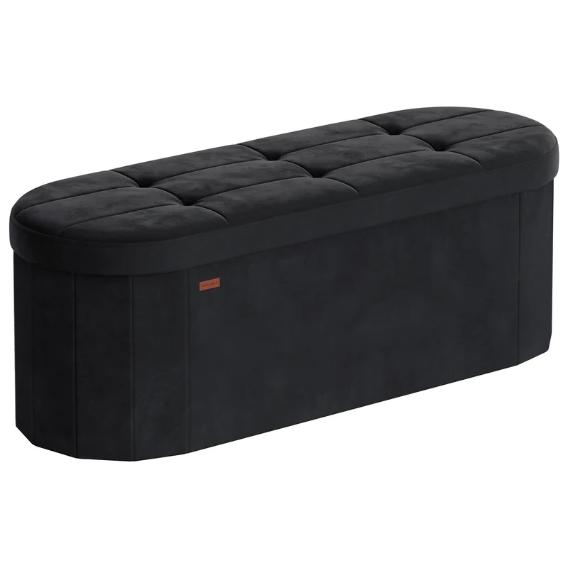 SONGMICS MAZIE Collection - Folding Ottoman with Storage, Oval Storage Ottoman Bench, End of Bed Bench, Velvet Fabric, 15 x 43 x 15 Inches, Ink Black