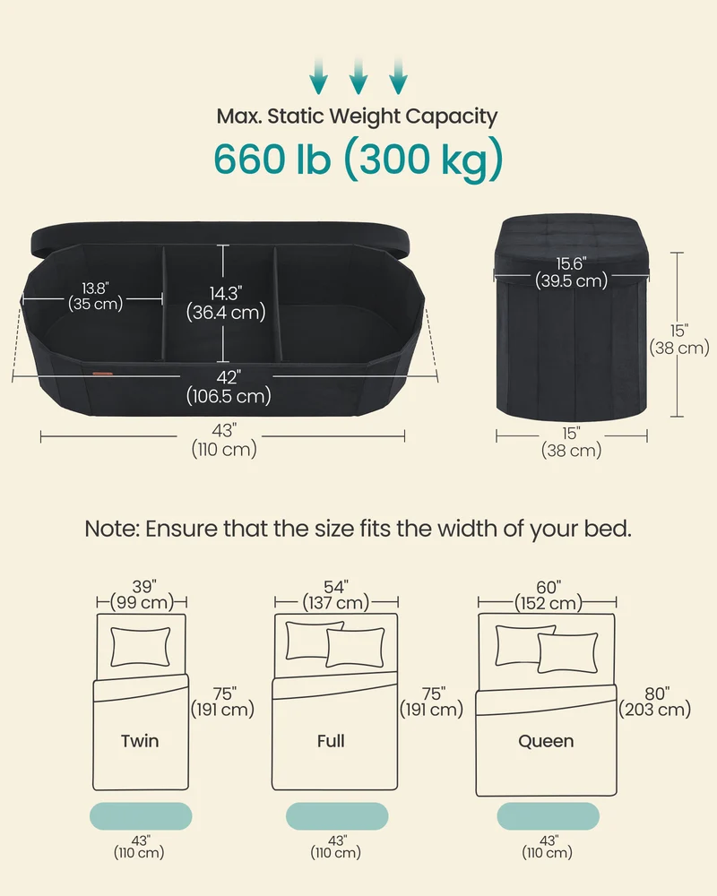 SONGMICS MAZIE Collection - Folding Ottoman with Storage, Oval Storage Ottoman Bench, End of Bed Bench, Velvet Fabric, 15 x 43 x 15 Inches, Ink Black