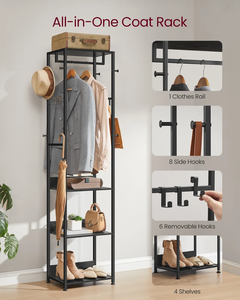 VASAGLE Coat Rack, Freestanding Hall Tree with Shelves, Hanging Rail, and Hooks, Space-Saving Coat Stand, Steel Frame, Ink Black and Charcoal Gra