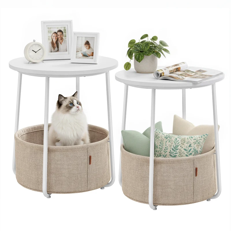 VASAGLE LILEA Collection - Small Round Side End Table, Modern Nightstand with Fabric Basket, for Living Room, Bedroom, Set of 2, Matte White and Camel Brown