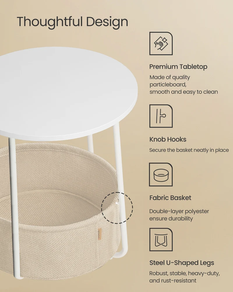 VASAGLE LILEA Collection - Small Round Side End Table, Modern Nightstand with Fabric Basket, for Living Room, Bedroom, Set of 2, Matte White and Camel Brown