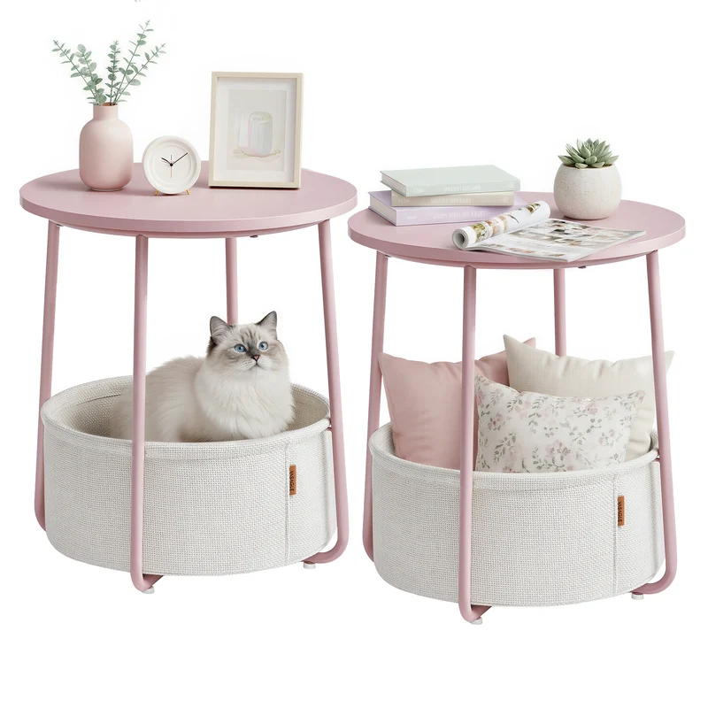 VASAGLE LILEA Collection - Small Round Side End Table, Modern Nightstand with Fabric Basket, Set of 2, Jelly Pink and Cream White
