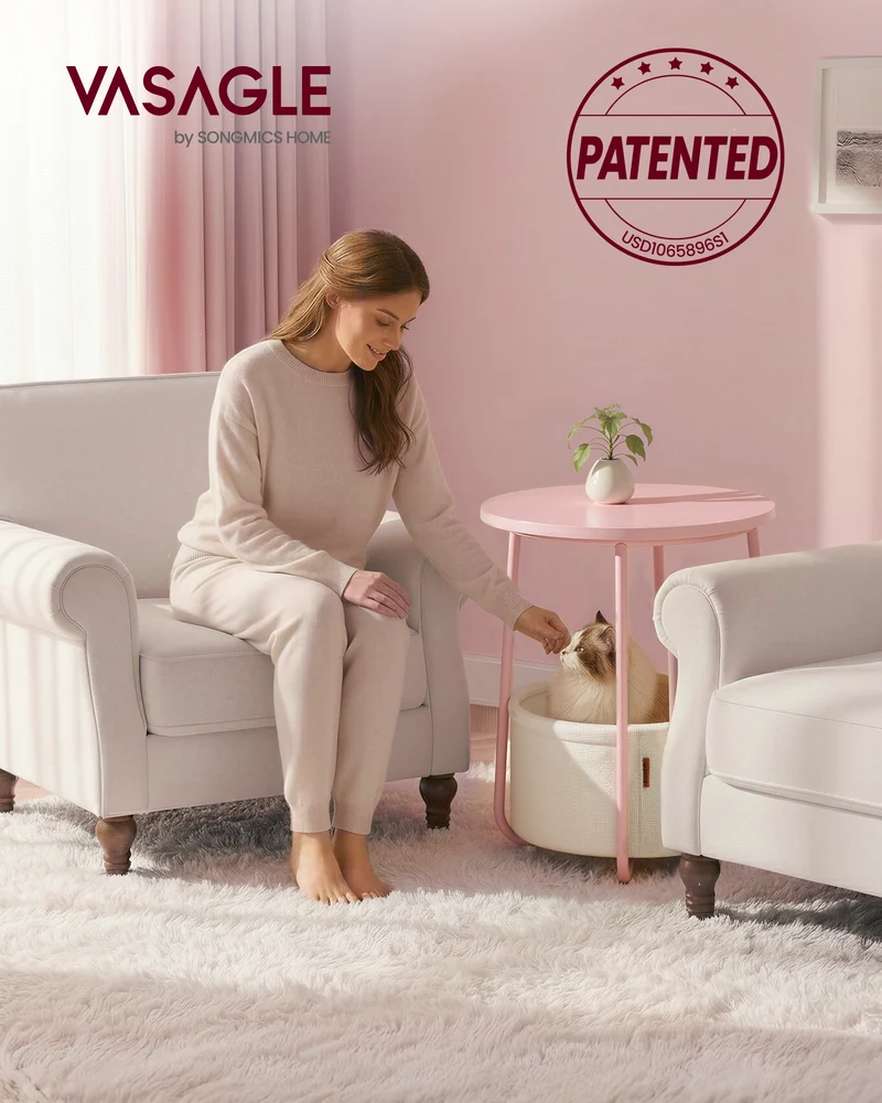 VASAGLE LILEA Collection - Small Round Side End Table, Modern Nightstand with Fabric Basket, Set of 2, Jelly Pink and Cream White