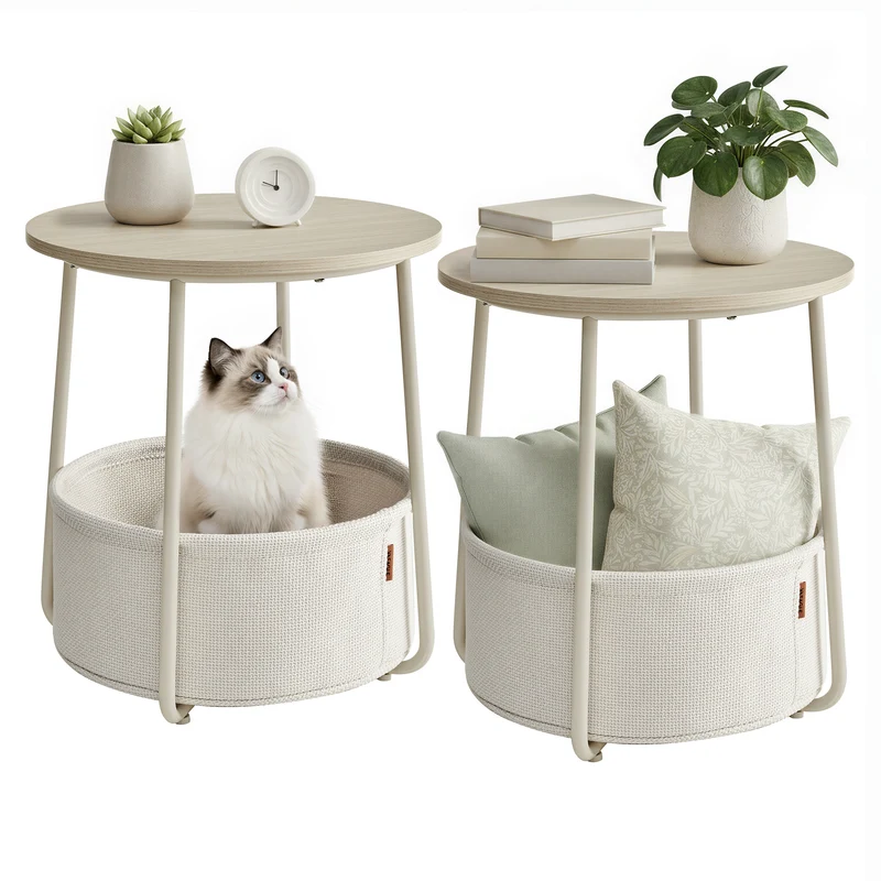 VASAGLE LILEA Collection - Small Round Side End Table, Modern Nightstand with Fabric Basket, for Living Room, Bedroom, Set of 2, Cream White