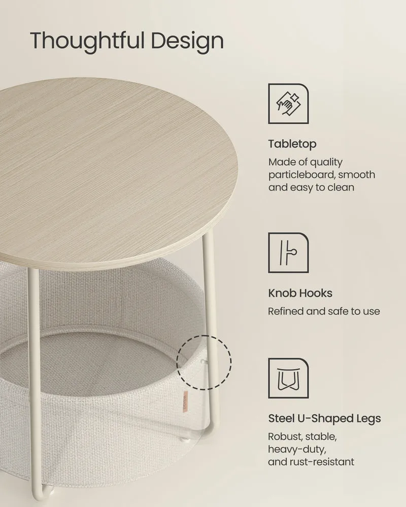 VASAGLE LILEA Collection - Small Round Side End Table, Modern Nightstand with Fabric Basket, for Living Room, Bedroom, Set of 2, Cream White