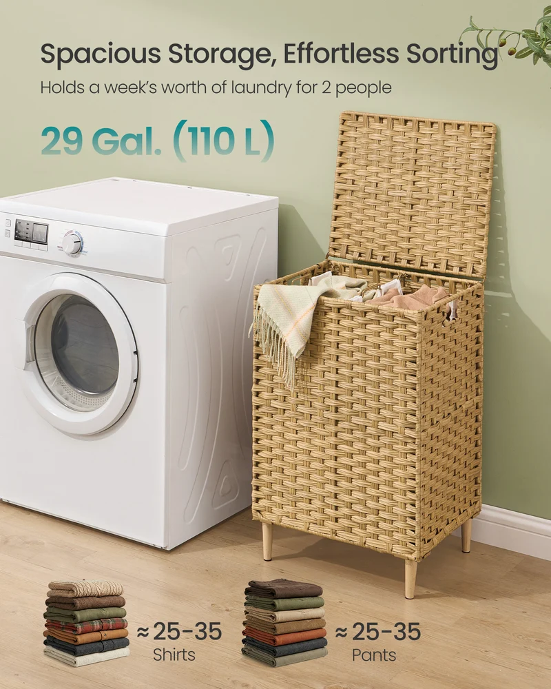 SONGMICS Laundry Hamper with Lid, PE Rattan Laundry Basket with Removable Liner, Storage Basket for Bedroom Living Room, 2-Section Sorter, 29 Gallons (110 L), Goose Yellow