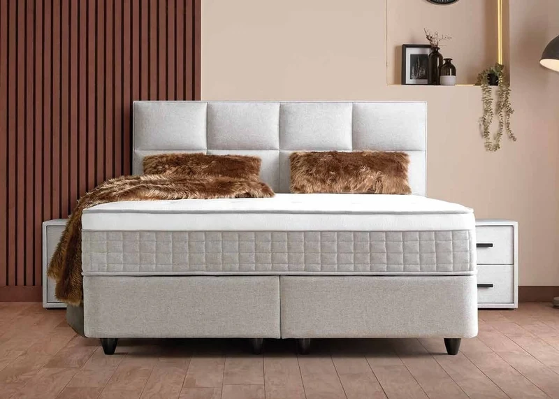 Casa Padrino Luxus Boxspringbett mit Kopfteil in Feldoptik Creme 120 x 200 cm - Luxus Schlafzimmer Möbel