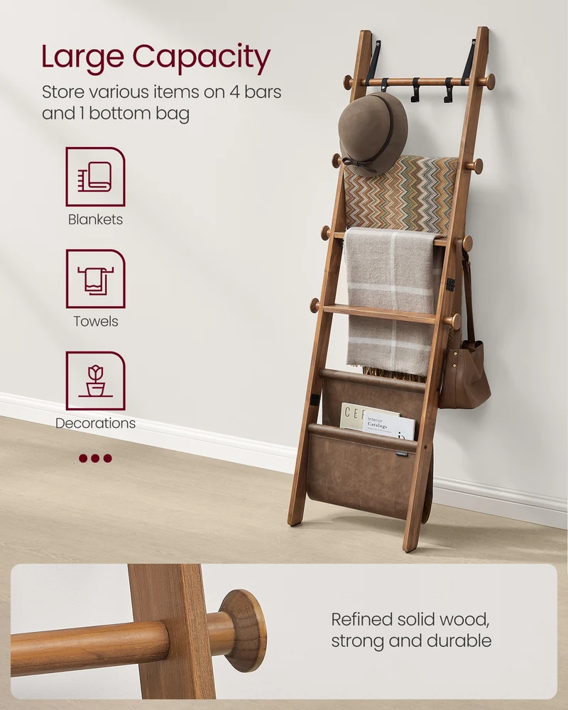 VASAGLE Blanket Ladder, 5-Tier Wooden Ladder Shelf, Decorative Farmhouse Blanket Rack with Synthetic Leather Bag, Metal Hooks, Caramel Brown