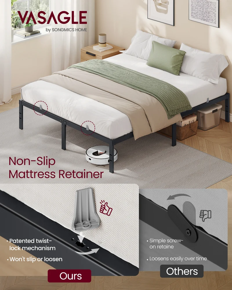 VASAGLE Queen Metal Bed Frame 14 Inches Tall, 1100 lb Weight Capacity, No Box Spring Needed, with Under-Bed Storage, Easy Setup, Heavy-Duty Platform Bed, Mattress Retainers, Matte Black
