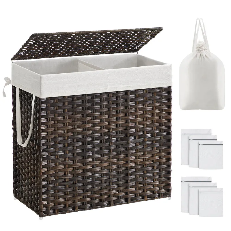 SONGMICS Laundry Hamper with Lid, 130L Clothes Hamper with 2 Removable Liner Bags and 6 Mesh Bags, Wicker Laundry Basket, Double Laundry Hamper for Bathroom, 13 x 26 x 23.6 Inches, Brown