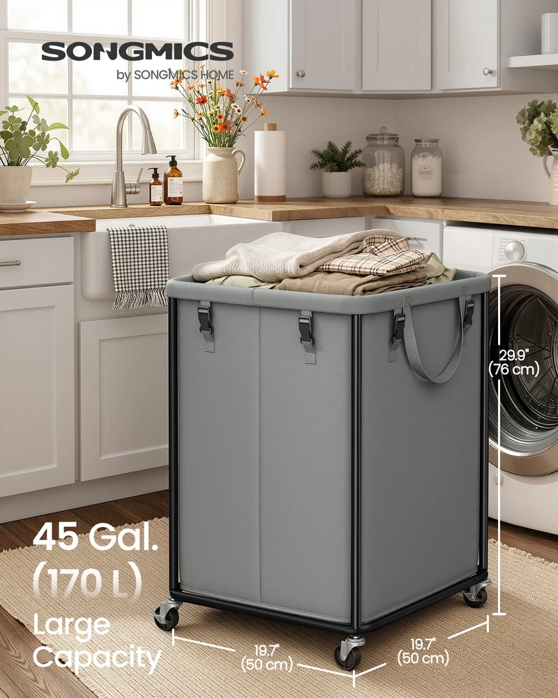 SONGMICS Large Clothes Hamper, Steel Frame and Oxford Fabric, Laundry Cart with Wheels, 45 Gallon, 19.7 x 19.7 x 29.9 inch, Black, for Laundry Room Organization, Barnard Collection