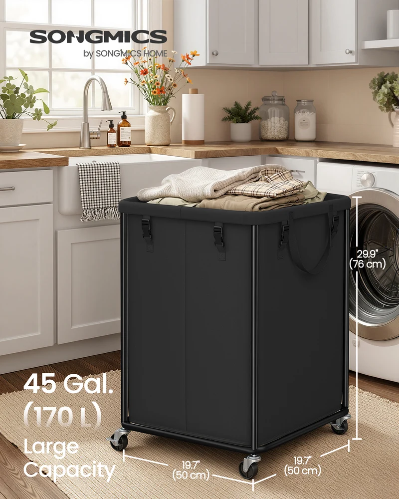 SONGMICS Large Clothes Hamper, Steel Frame and Oxford Fabric, Laundry Cart with Wheels, 45 Gallon, 19.7 x 19.7 x 29.9 inch, Black, for Laundry Room Organization, Barnard Collection