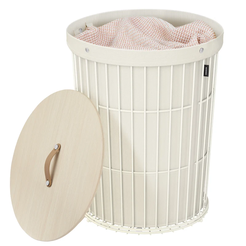 SONGMICS Laundry Hamper with Lid, Round, 25 Gallons (95 L), Versatile, Removable Fabric Liner, Large Capacity, Cream White