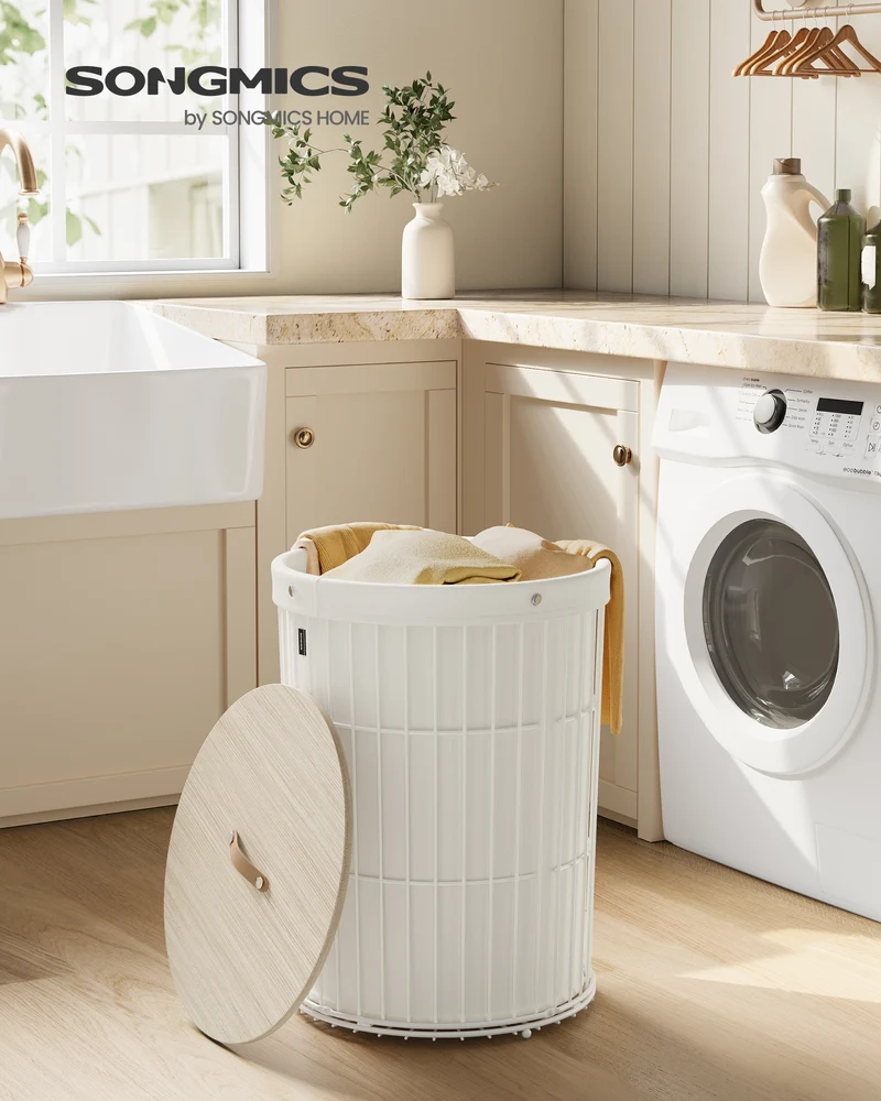 SONGMICS Laundry Hamper with Lid, Round, 25 Gallons (95 L), Versatile, Removable Fabric Liner, Large Capacity, Cream White