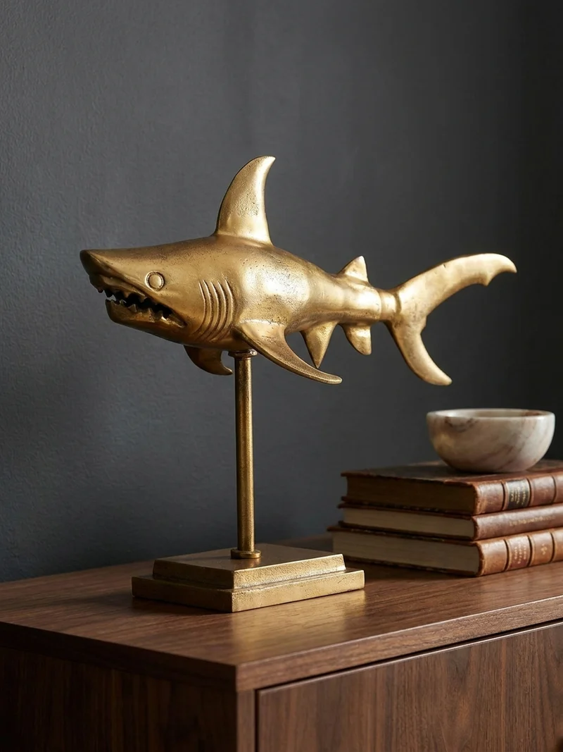 Dekofigur Hai Aluminium 70 cm mit Sockel im maritimen Stil