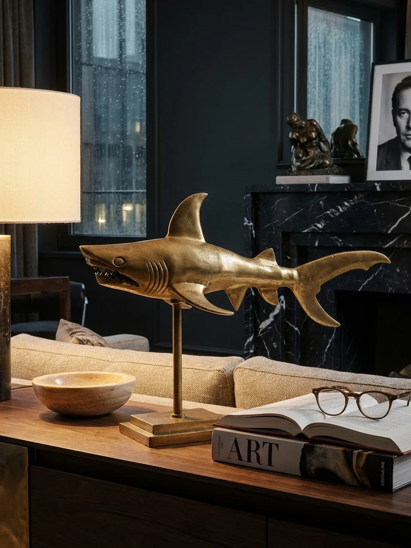 Dekofigur Hai Aluminium 70 cm mit Sockel im maritimen Stil