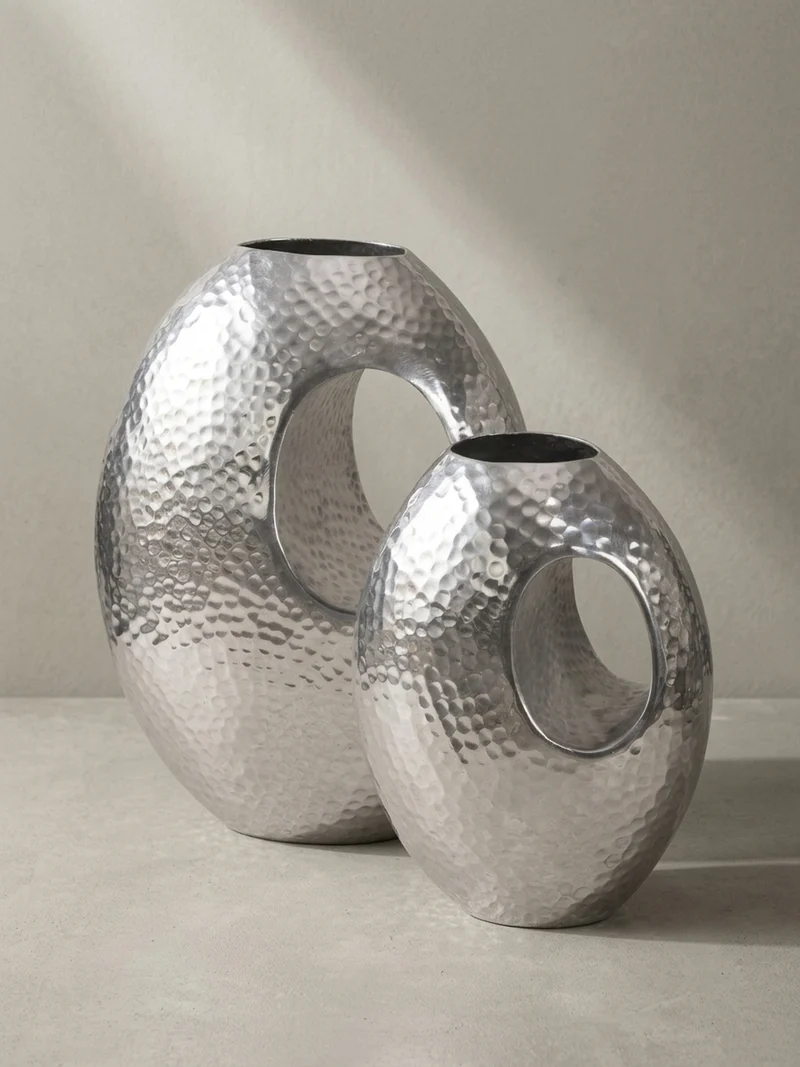 Vase 2er Set Aluminium mit Tragegriff Hammerschlag Modern Handgefertigt