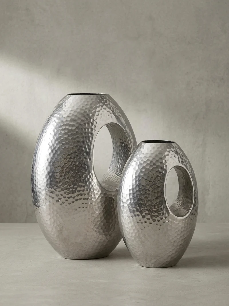 Vase 2er Set Aluminium mit Tragegriff Hammerschlag Modern Handgefertigt