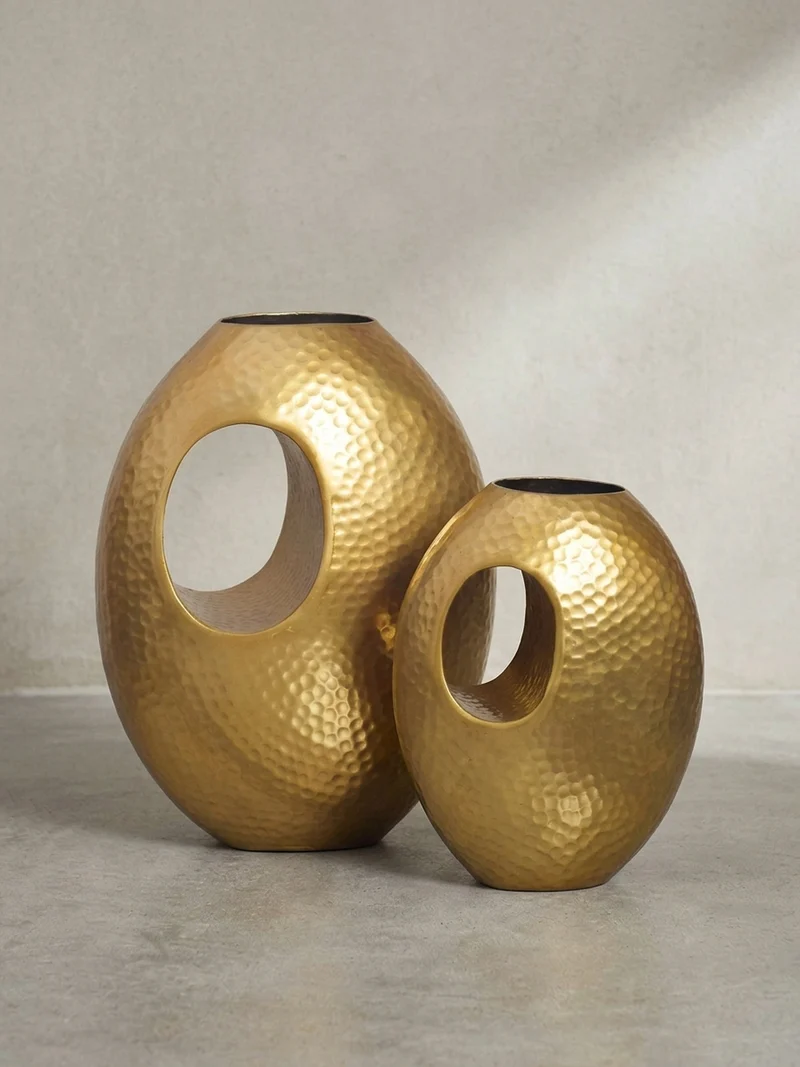 Vase 2er Set Aluminium mit Tragegriff Hammerschlag Modern Handgefertigt