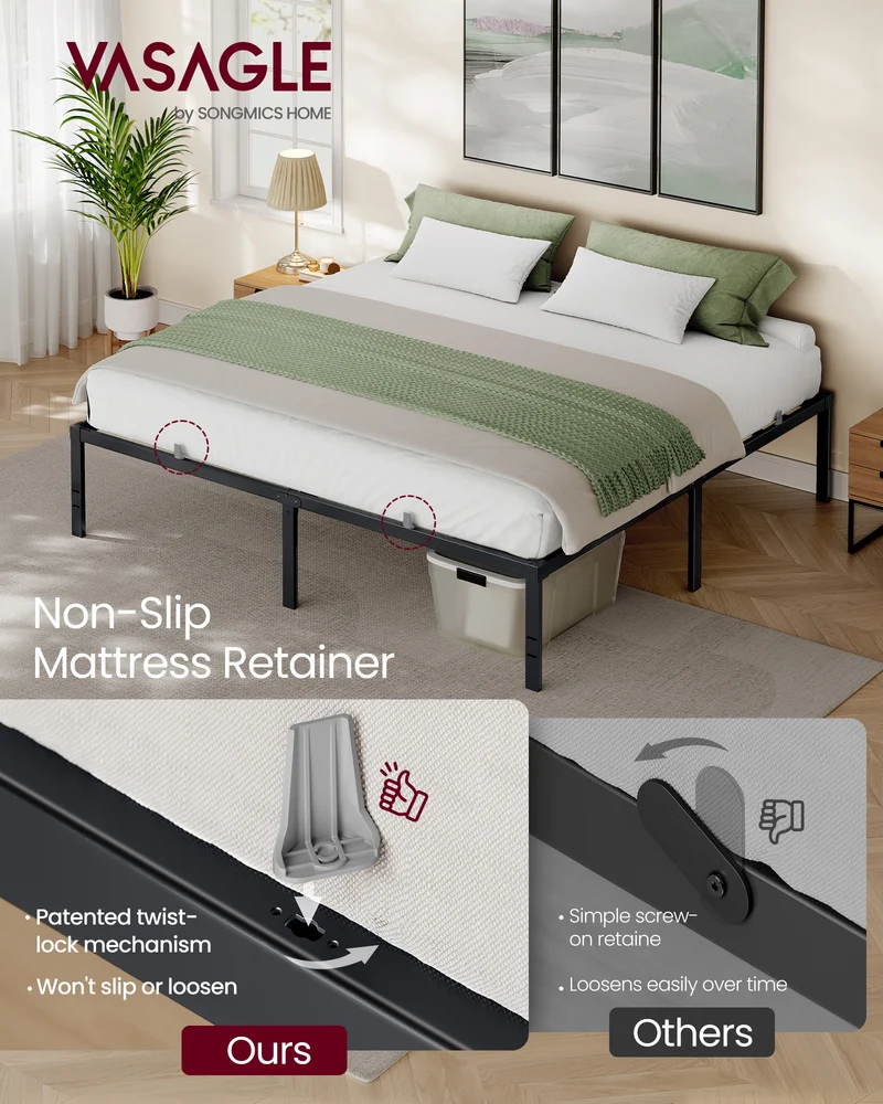 VASAGLE King Metal Bed Frame 18 Inches Tall, 1100 lb Weight Capacity, No Box Spring Needed, with Under-Bed Storage, Easy Setup, Heavy-Duty Platform Bed, Mattress Retainers, Matte Black