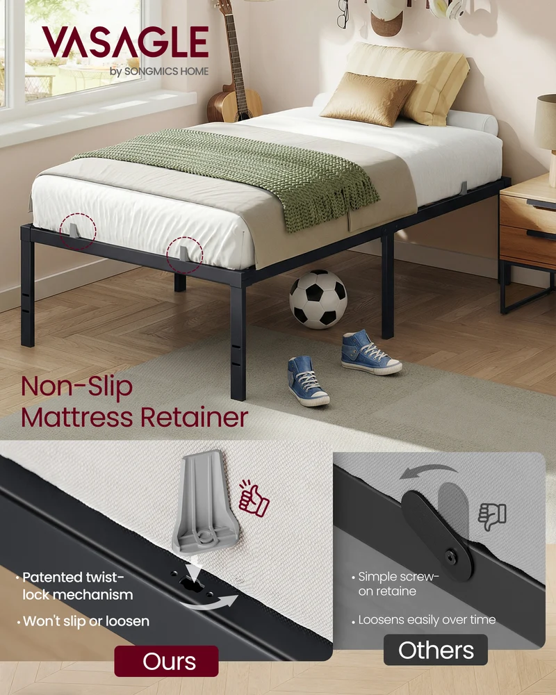 VASAGLE Twin Metal Bed Frame 18 Inches Tall, 1100 lb Weight Capacity, No Box Spring Needed, with Under-Bed Storage, Easy Setup, Heavy-Duty Platform Bed, Mattress Retainers, Matte Black
